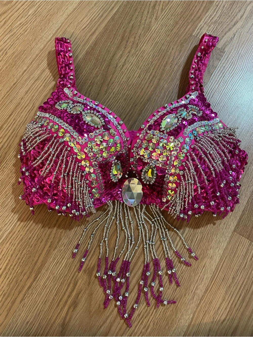 FY Kiss Hot Pink Rhinestone Beaded Fringe Belly Dance Costume Bra & Hip Belt 34D